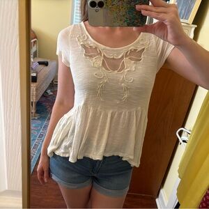 Free People peplum embroidered lace detail short sleeve top